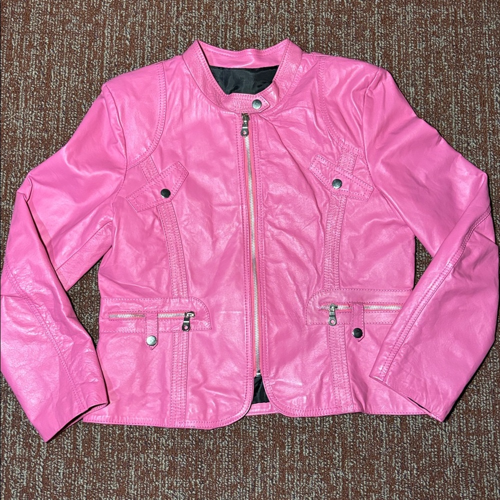 Women’s Pink Faux Leather Jacket - Classic Biker Style